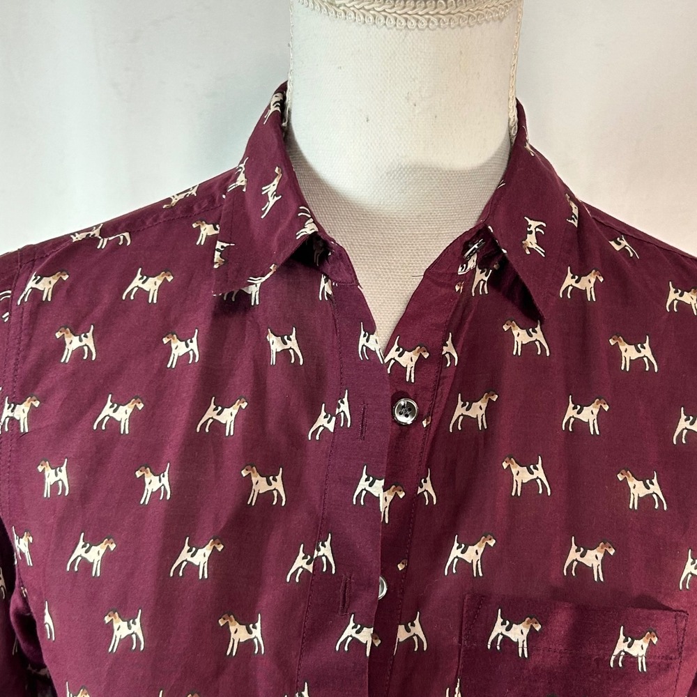 J. Crew Burgundy Dog Print Button Up Shirt Top Women OP Long‎ Sleeve - Picture 3 of 8